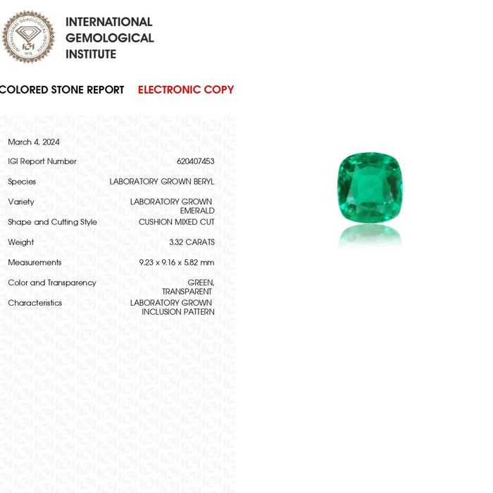 IGI-zertifizierter kolumbianischer Smaragd-Edelstein in Kissenform
