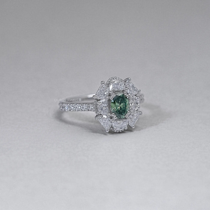 Oval Cut Green Half Moon Halo Engagement Ring