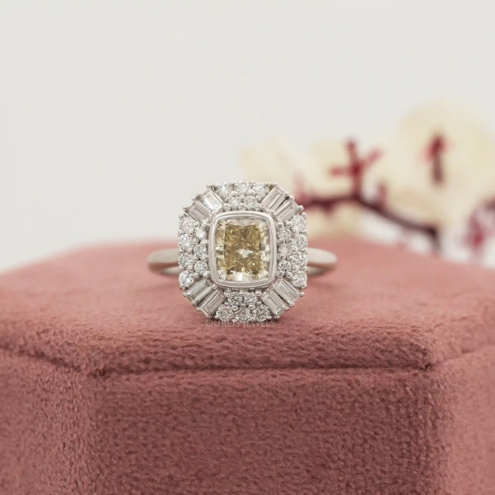 Yellow Cushion Cut Lab Diamond Bezel Set Cluster Ring