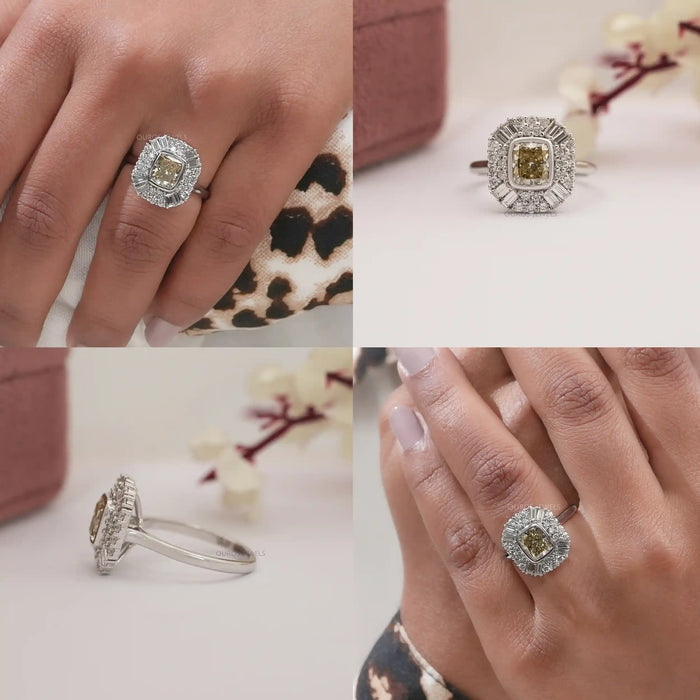 Yellow Cushion Cut Lab Diamond Bezel Set Cluster Ring