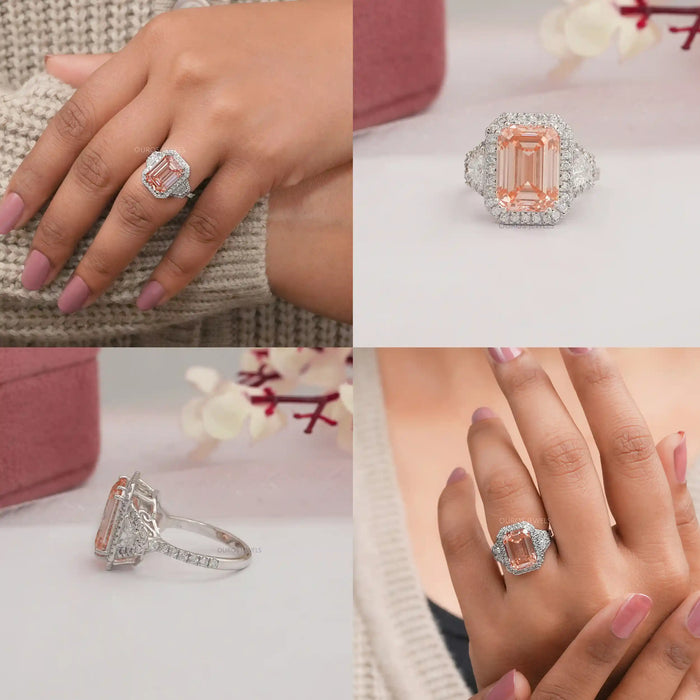 Verlobungsring mit drei Steinen und rosa Smaragdschliff