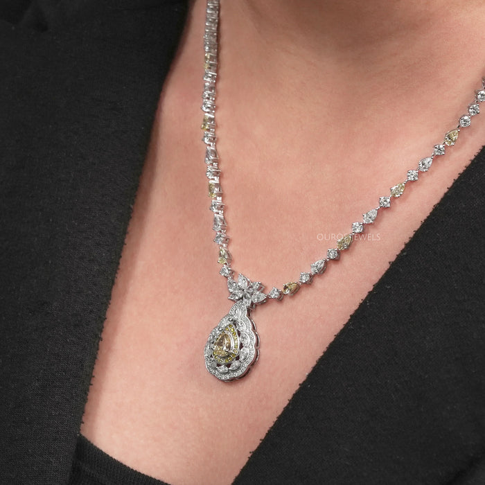Yellow Pear And White Diamond Teardrop Necklace