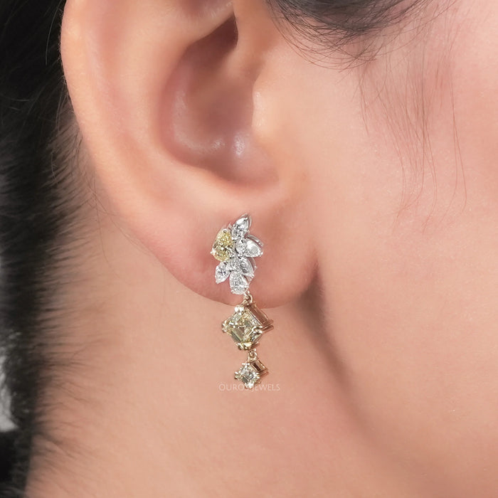 Yellow Asscher And Pear Lab Diamond Drop Earrings