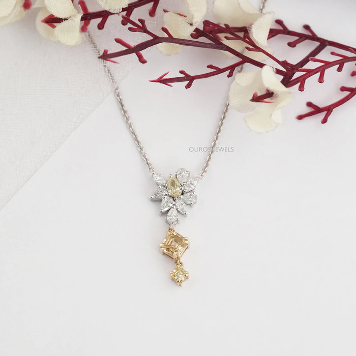 Yellow Asscher And Pear Diamond Cluster Pendant