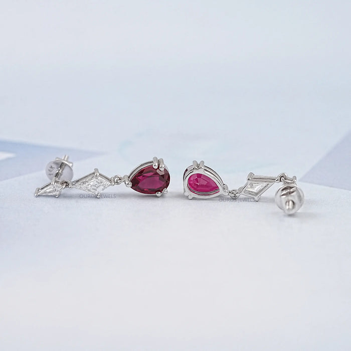 Dangling Kite Cut And Pear Shape Ruby Drop Earrings