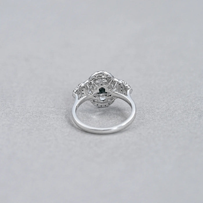 back view of princess black diamond half moon halo engagement ring