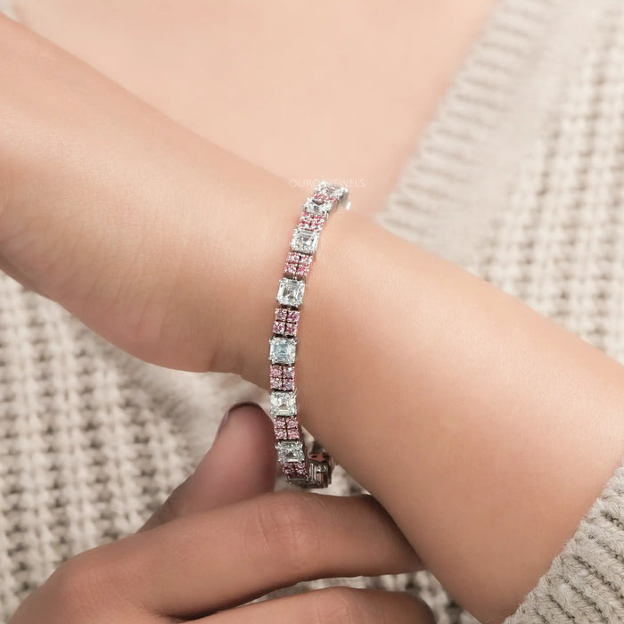 Asscher Cut  Pink Round  Lab Diamond Tennis Bracelet