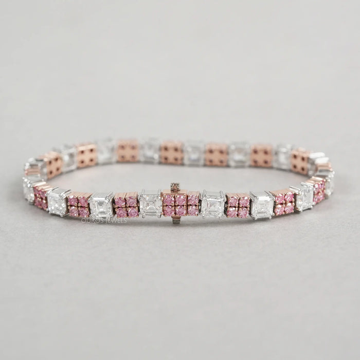 Asscher Cut  Pink Round  Lab Diamond Tennis Bracelet