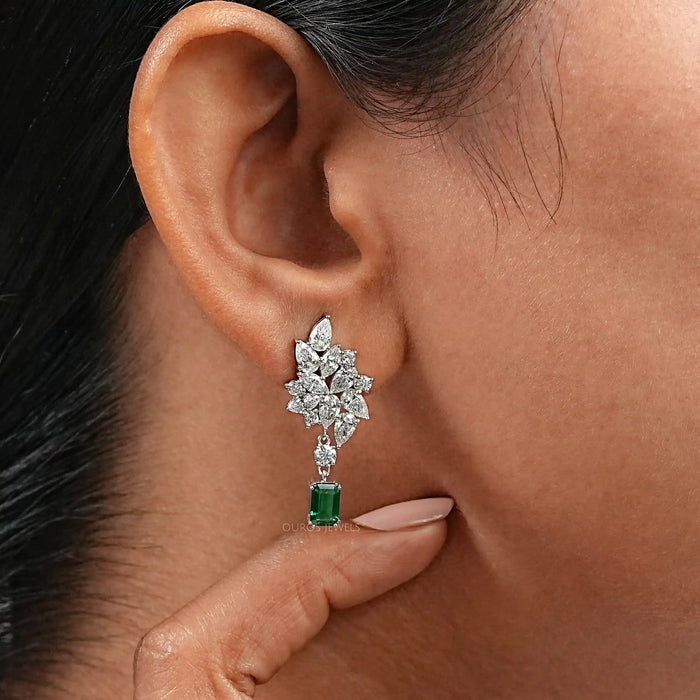 Diamond Cluster Drop Emerald Earrings