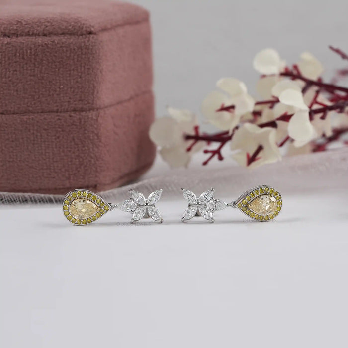 Yellow Pear Diamond Halo Drop Earrings