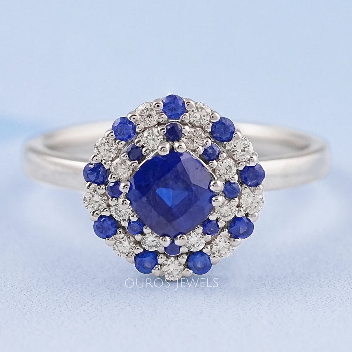 cushion cut sapphire diamond double halo engagement ring's front view