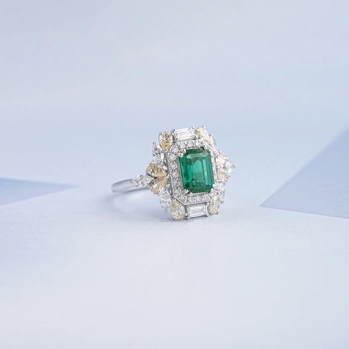 Double Halo Green Emerald Diamond Engagement Ring