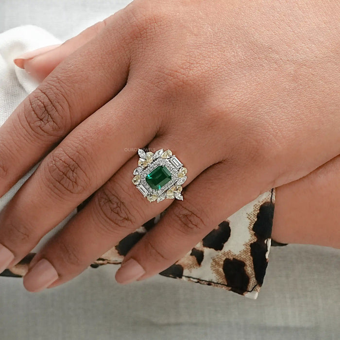 emerald gemstone and yellow pear lab diamonds cluster ring
