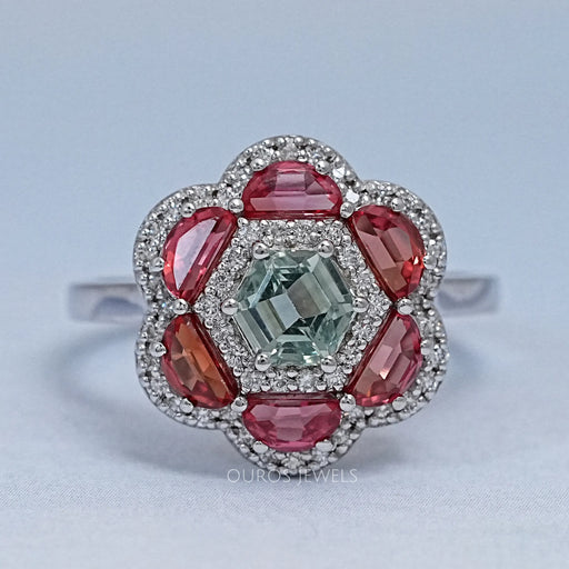 front view of alexandrite lab gemstone double halo engagement ring