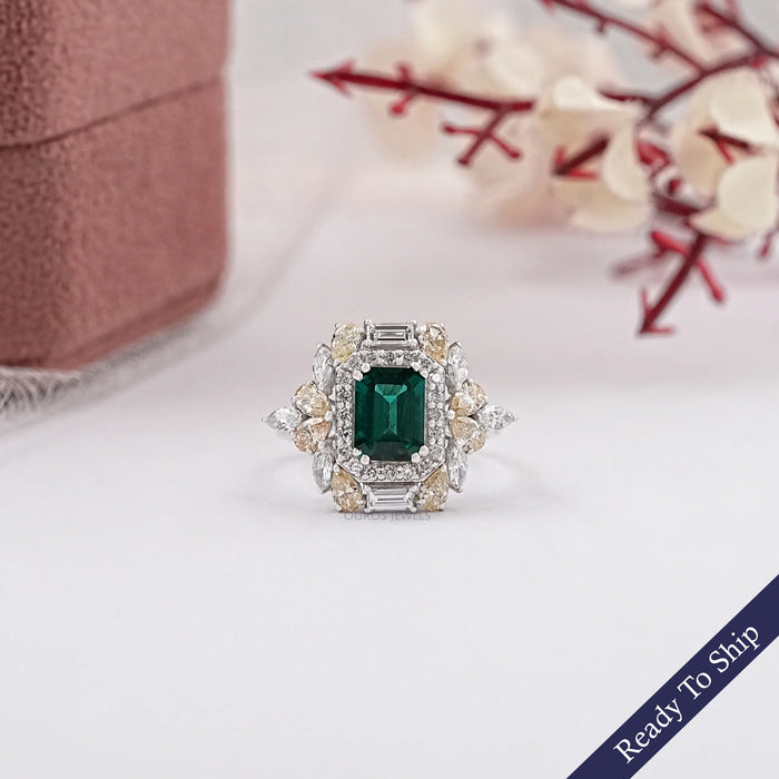 emerald gemstone souble halo engagement ring