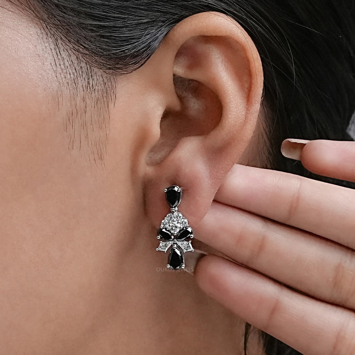 Black Pear Cut Lab Diamond Cluster Drop Dangle Earring