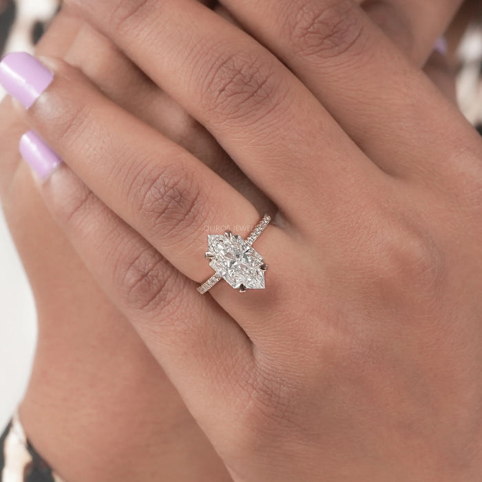 dutch marquise cut lab diamond solitaire accent engagement ring in finger