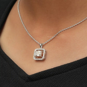 [A Women wearing Emerald Cut Pendant]-[Ouros Jewels]