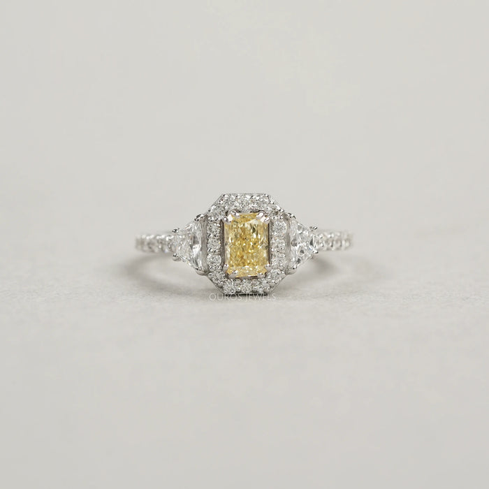 Yellow Radiant Cut Halo Three Stone Engagement Ring