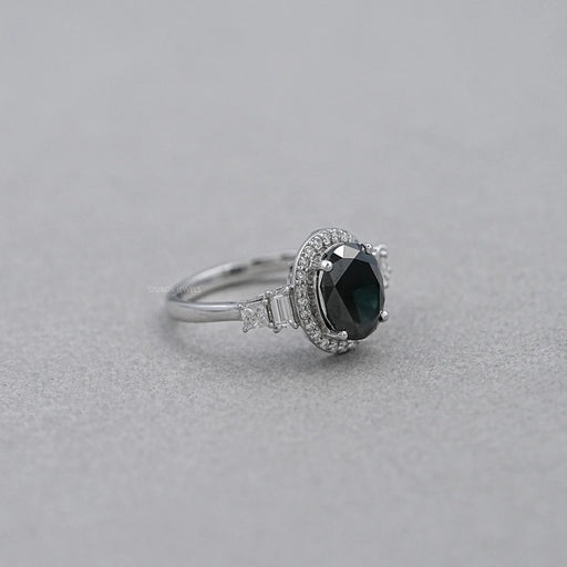 side view of black oval-cut lab diamond halo 5-stone colored engagement ring