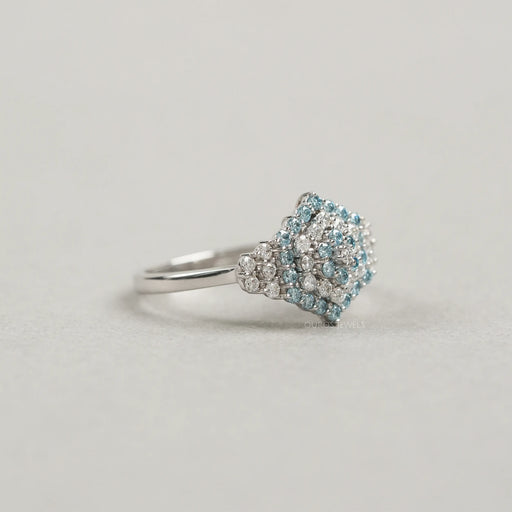 right side view of fancy blue round cut cluster lab diamond engagement ring