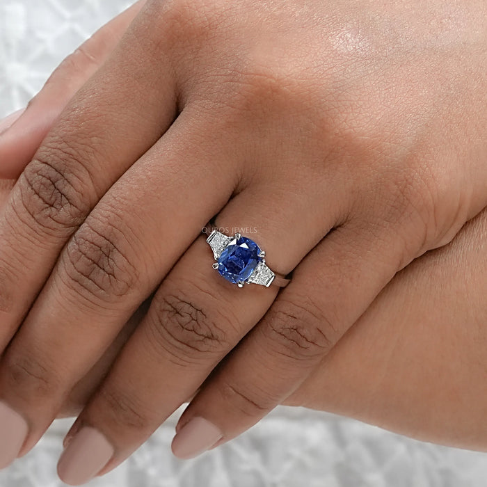 Sapphire Cushion Gemstone With Trapezoid Diamond  Ring