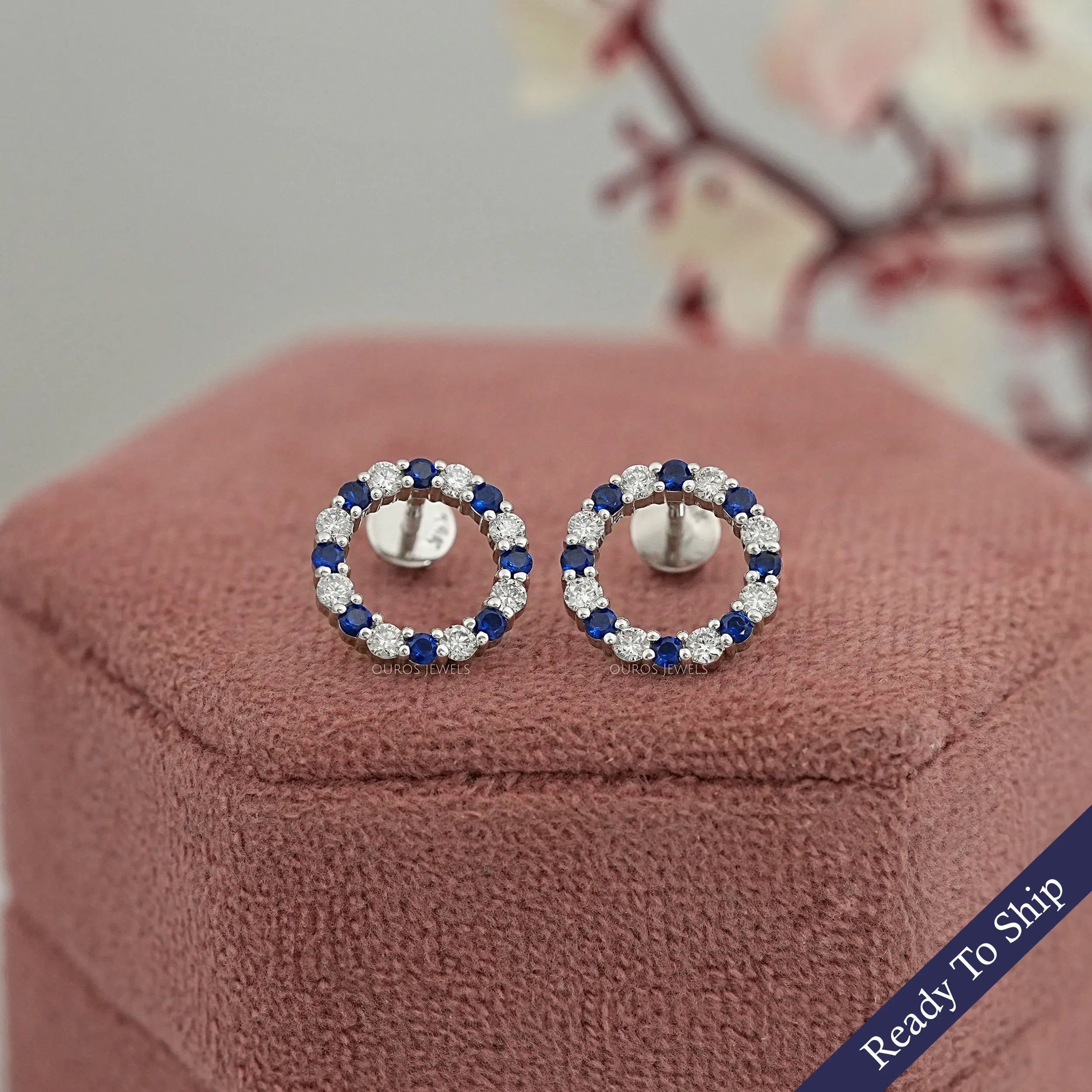 Blue Sapphire Gemstone Circle Stud Earrings