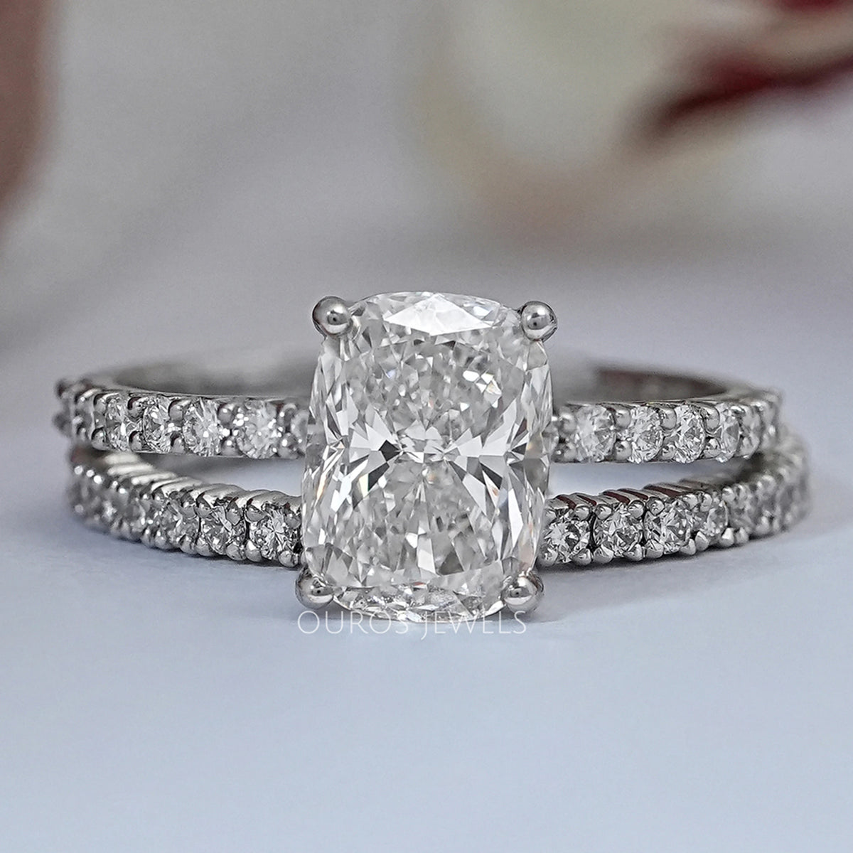 Cushion Cut Solitaire Accent Bridal Ring Set — Ouros Jewels