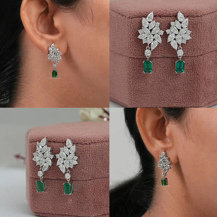 green gemstone and diamond cluster drop earrings