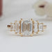 front view of emerald and baguette cut lab diamond five stone engagement ring