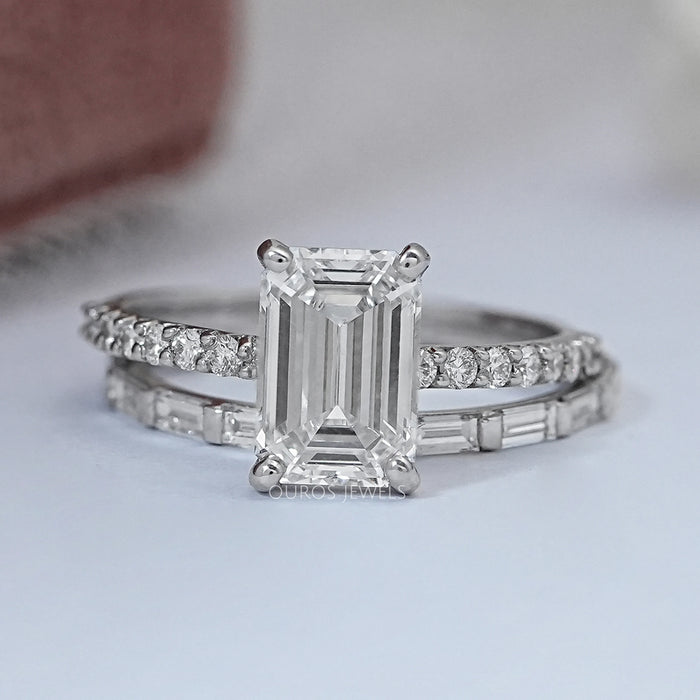 front view of emerald cut lab diamond wedding ring set with white gold band