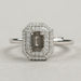 front view of olive emerald cut lab diamond double halo engagement ring