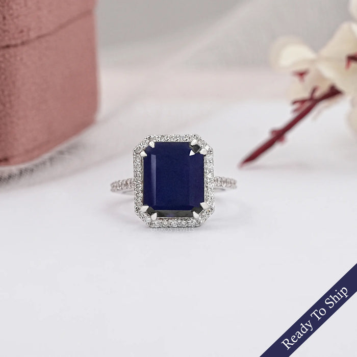 Emerald  Shape Sapphire Halo Engagement Ring