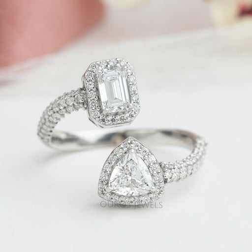top view of showing emerald & trilliant cut lab diamond halo bypass ring