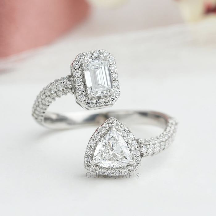 top view of showing emerald & trilliant cut lab diamond halo bypass ring