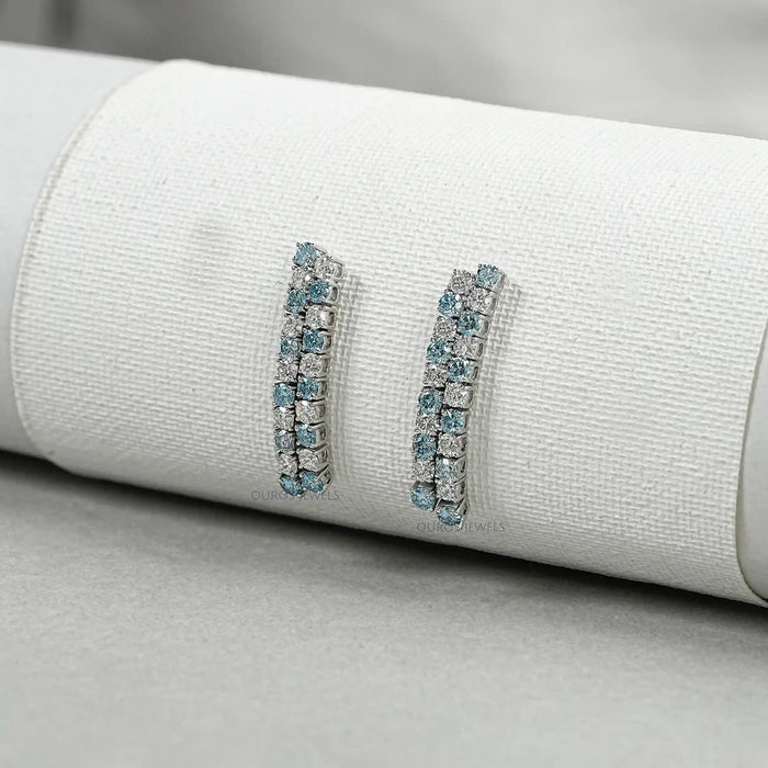 Blue Round Cut Lab Diamond  Double  Row Earrings