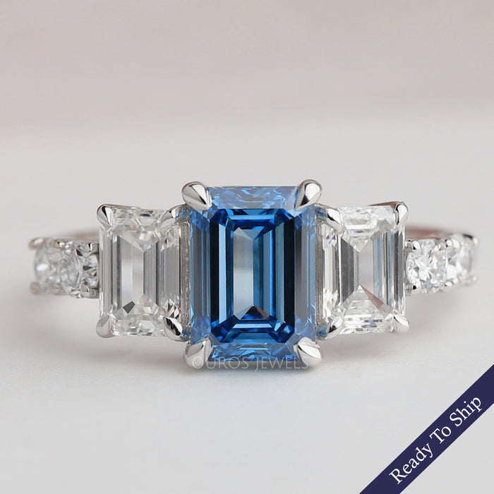 Blue Emerald Cut Lab Diamond Engagement Ring