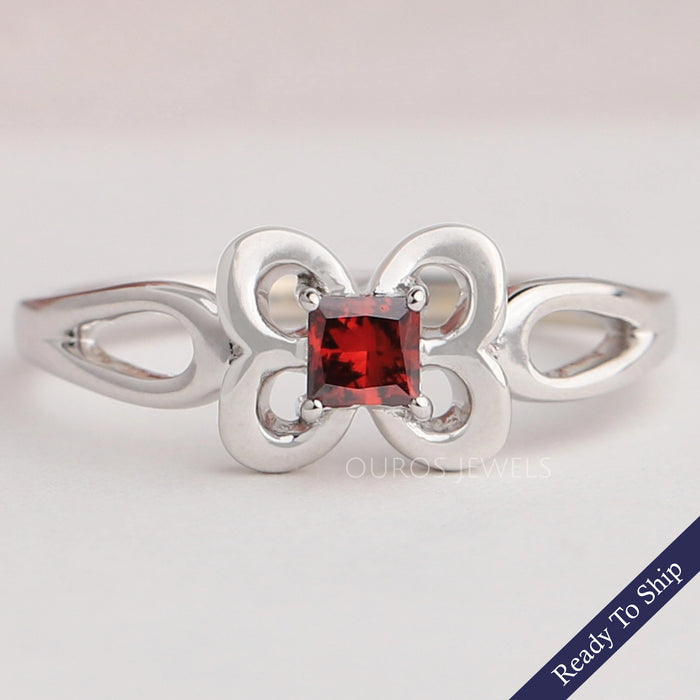 Red Princess Cut Butterfly Shape Dainty Ring