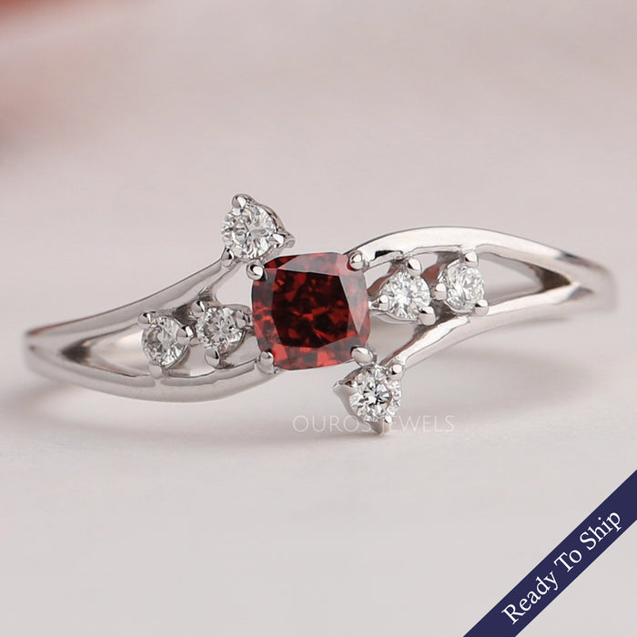 Red Cushion Cut Cluster Diamond  Ring