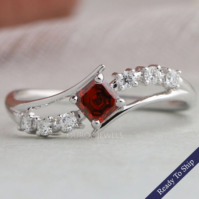 Antique Shape Fancy Red Asscher Diamond Bypass Set Ring
