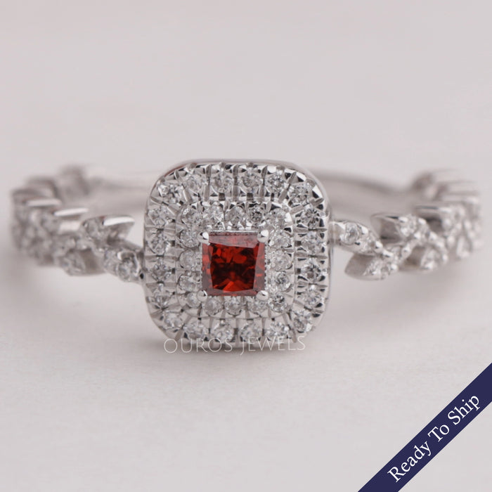 Red Princess Cut Double Halo Accent Diamond  Ring
