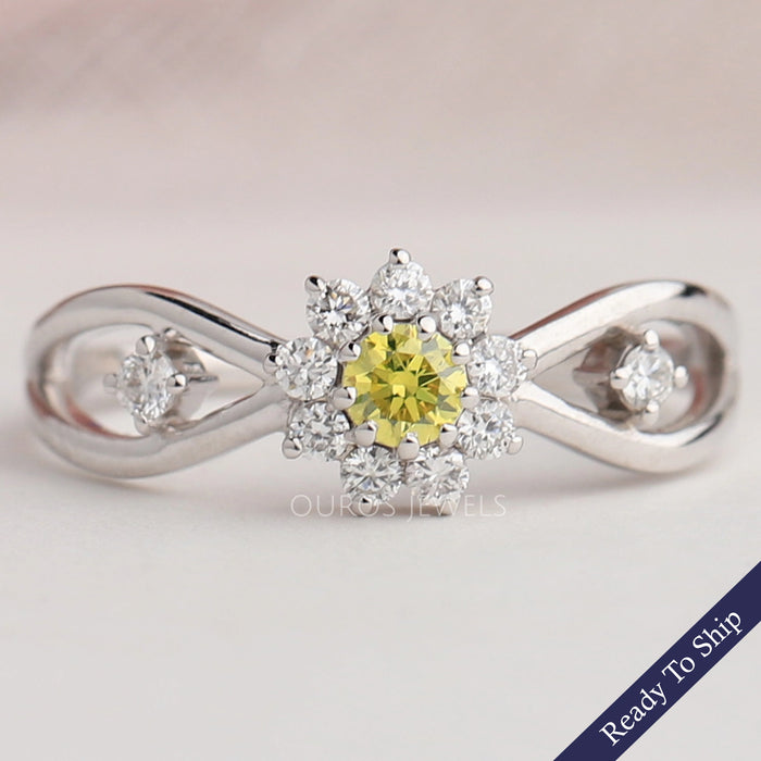 Yellow Round Cut Halo Diamond  Anniversary  Ring
