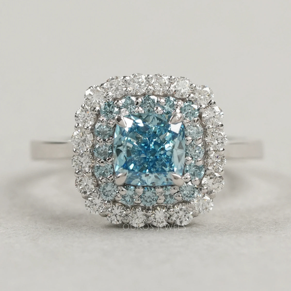 Blue Cushion Cut Diamond Double Halo Ring — Ouros Jewels
