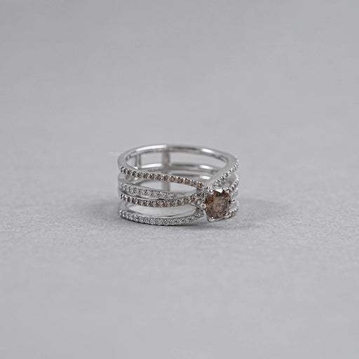 right side view of fancy brown lab-grown diamond crossover colored wedding band