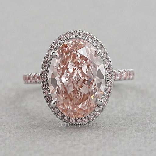 front view of fancy pink oval cut lab diamond halo engagement ring