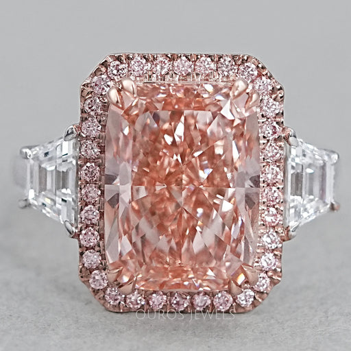 front view of pink cushion-cut lab diamond halo 3 stone colored engagement ring