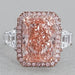 front view of pink cushion-cut lab diamond halo 3 stone colored engagement ring