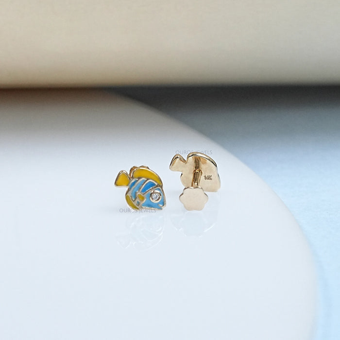 Round Cut Diamond Enamel Fish Earrings For Kids