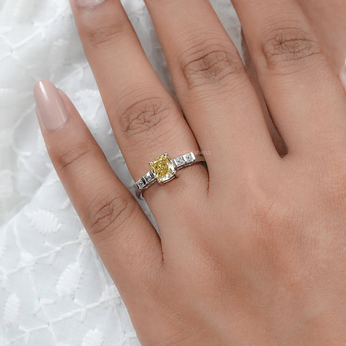 canary yellow cushion-cut lab diamond 5-stone colored wedding band in finger