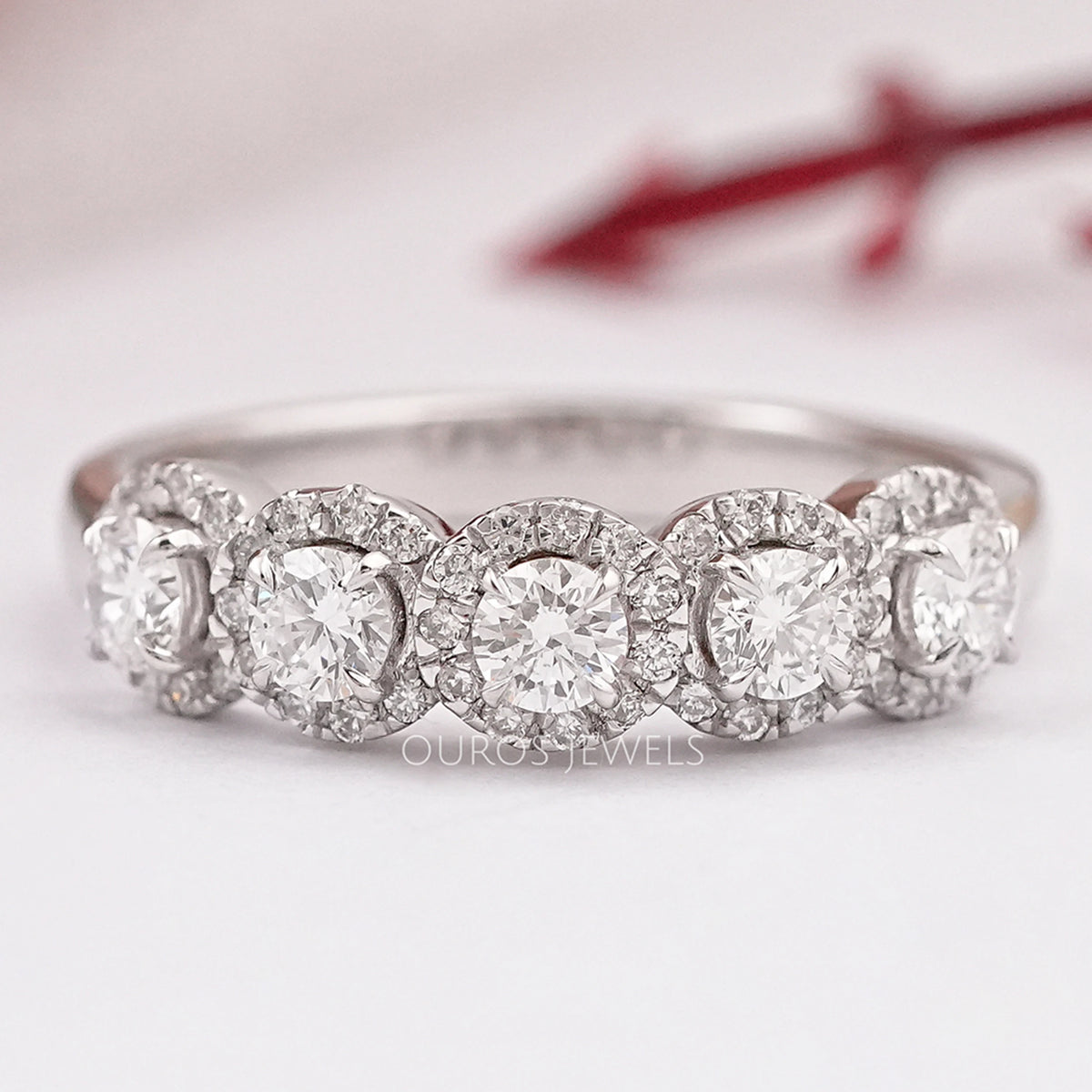Five Stone Halo Round Diamond Wedding Band — Ouros Jewels